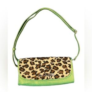 Rare Lux de Ville clutch/crossbody lime glittery green & leopard